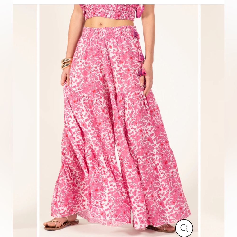 Poupette St. Barth Blue Floral SOLEDAD wide leg pants